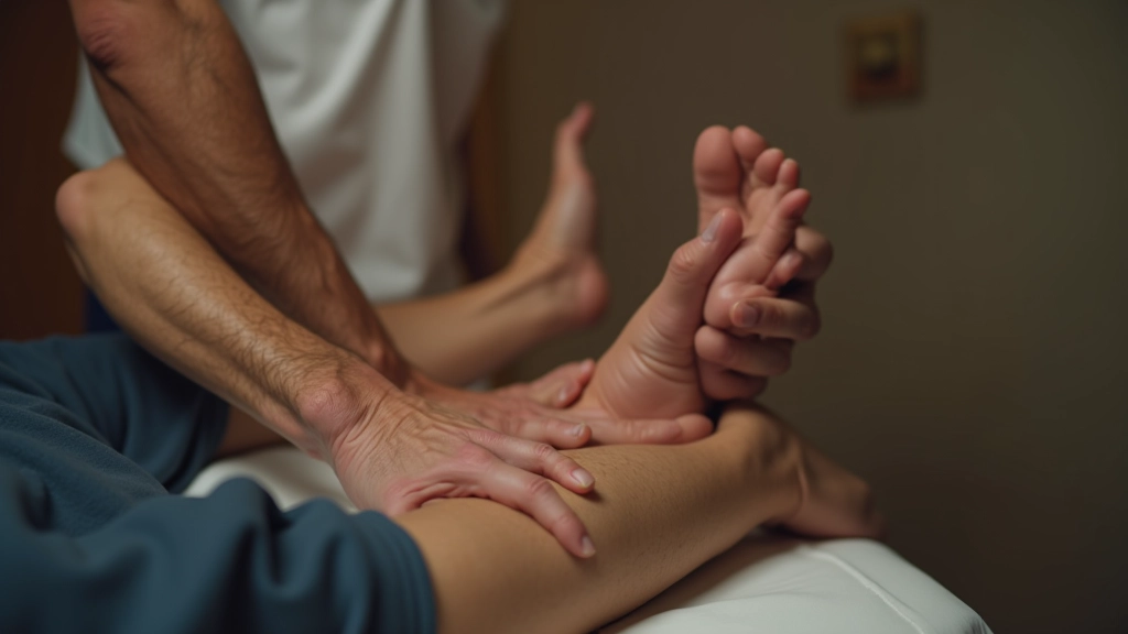 Masöz tarafından bacağına terapeutik masaj yapılan orta yaşlı sporcu