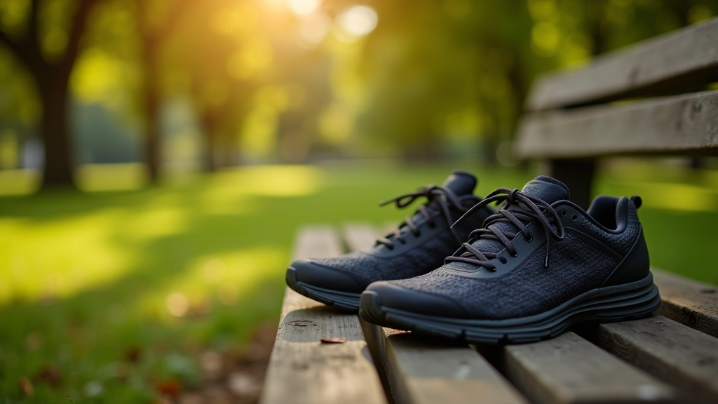Spor ayakkabılar ve koşu ekipmanı bir parka koyulmuş, doğal ışık